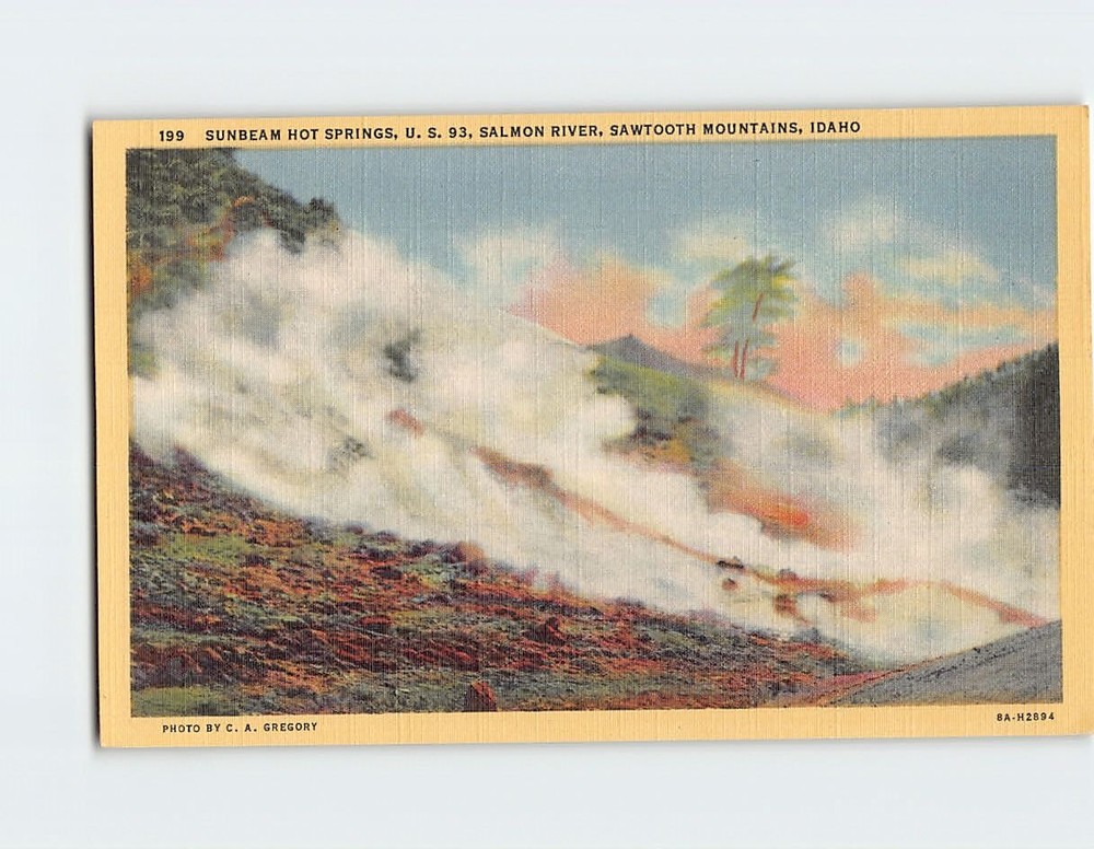Postcard Sunbeam Hot Springs US 93 Salmon River Sawtooth Mountains Idaho USA