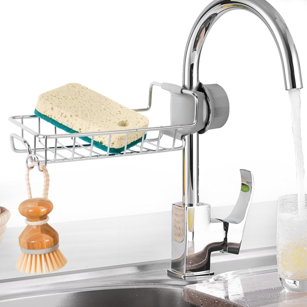 Stainless Steel Faucet Sponge Holder Rack for Kitchen Sink Organization
