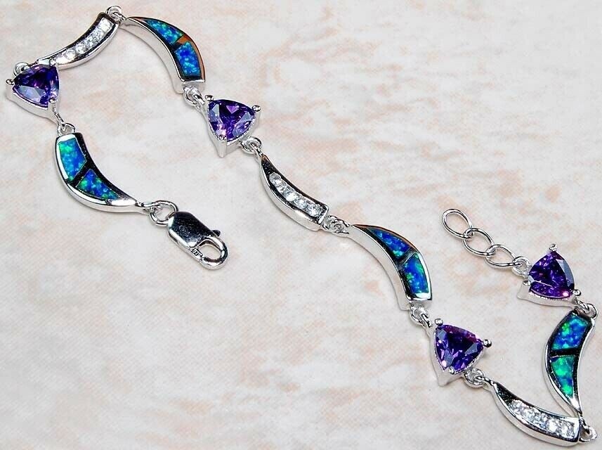 4CT Amethyst & Australian Opal Inlay 925 Sterling Silver Tennis Bracelet OB1
