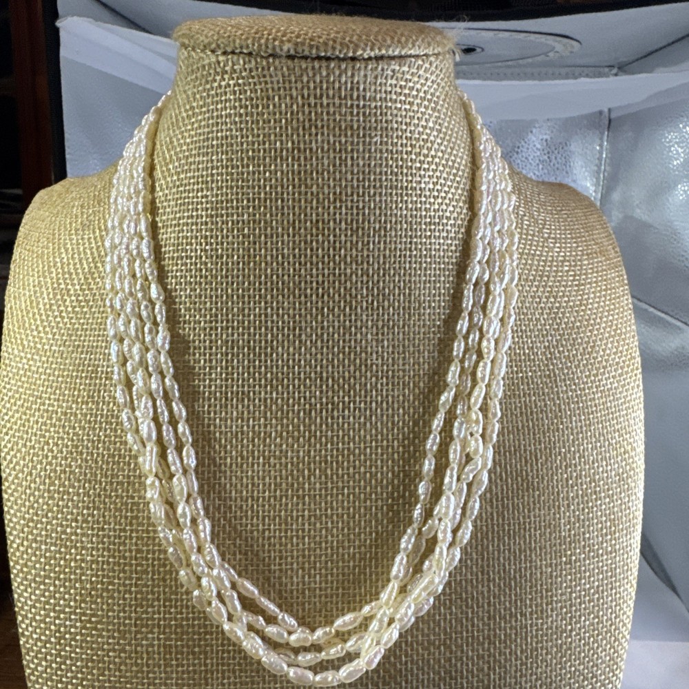 Vintage Genuine Fresh Water Rice Pearls Multi-strand Necklace 17”