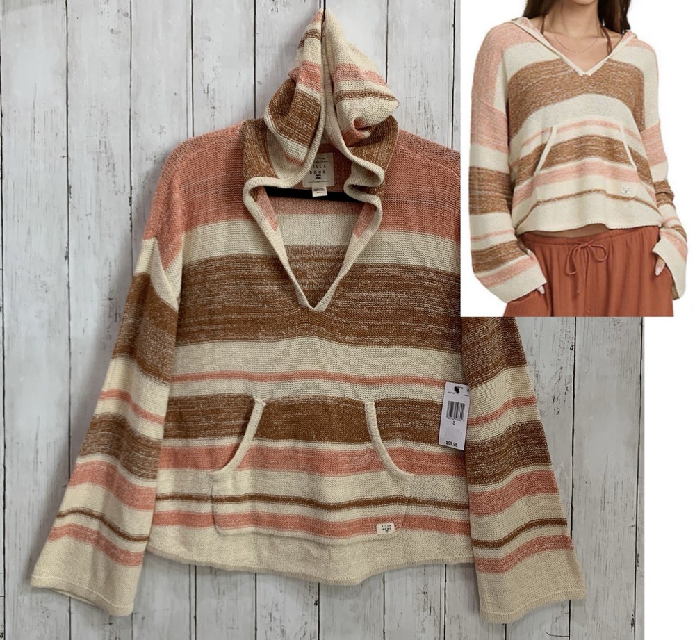 Billabong Baja Beach Women's Small Striped Pullover Hoodie Sweater Cotton Blend