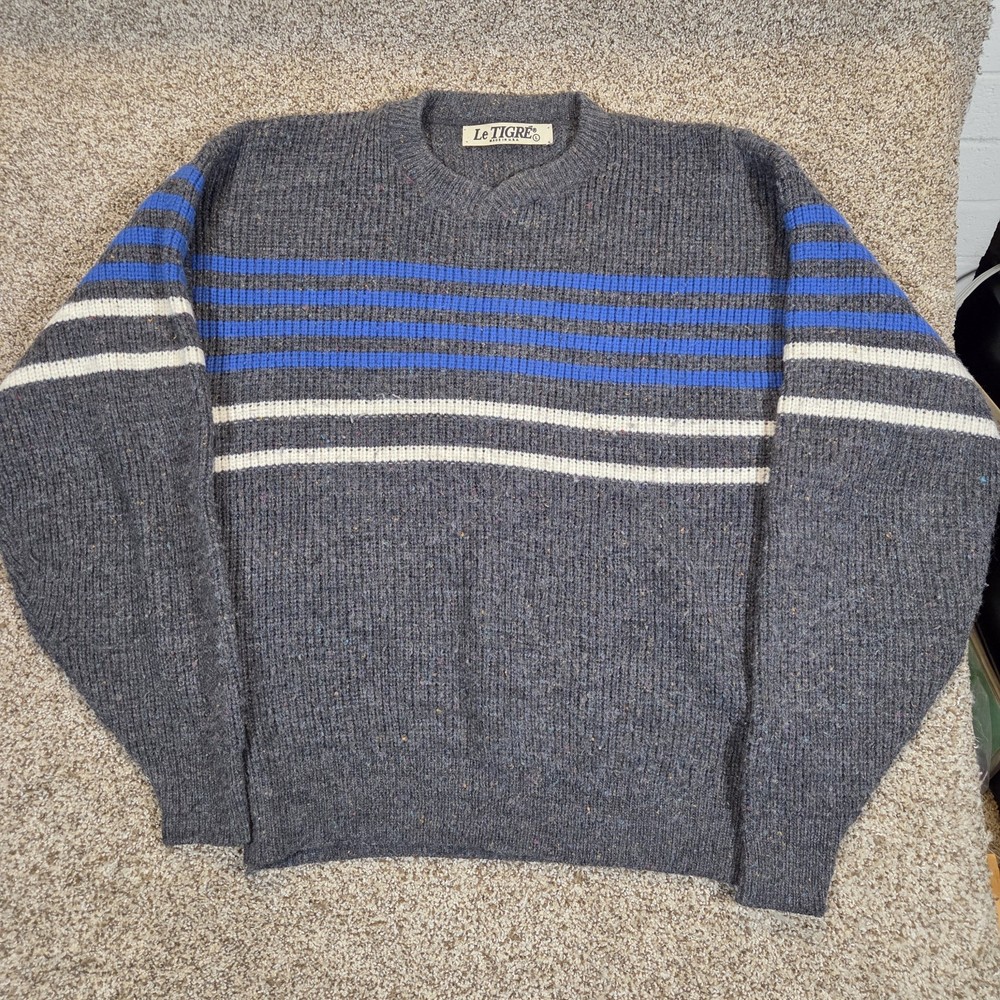VINTAGE 80’s Le Tigre Sweater Gray Striped Acrylic/Wool Size L Grunge Made USA