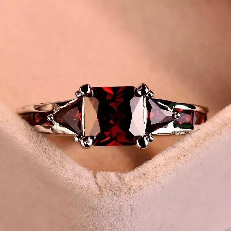 Cushion Simulated Red Garnet Stunning Wedding Band Ring In 14k White Gold Plated