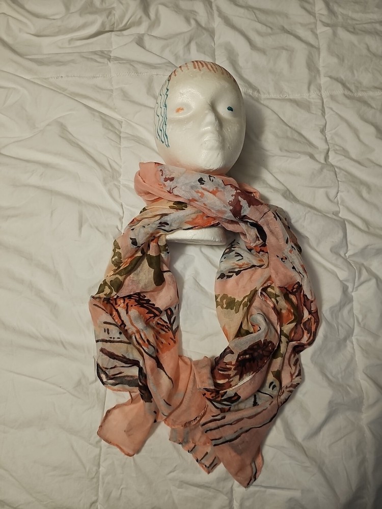 Abstract Floral Print Pink Tan Polyester Scarf by D&Y in Excellent Condition-image