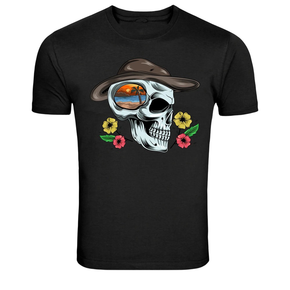 Skull Cowboy Hat Sunset Beach Vintage Graphic T-Shirt