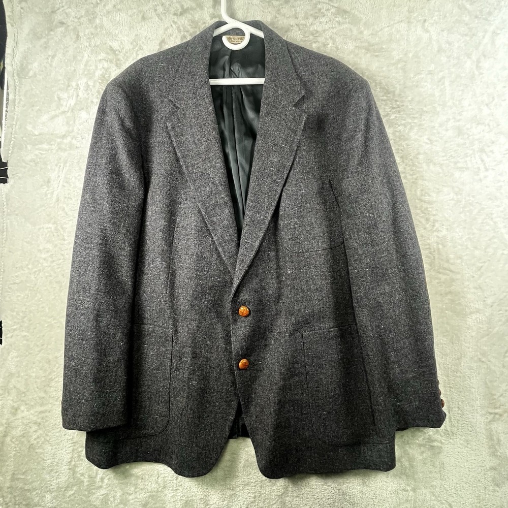 New England Collection Blazer Mens 48R Gray Wool Tweed Suede Elbow Patch VTG USA