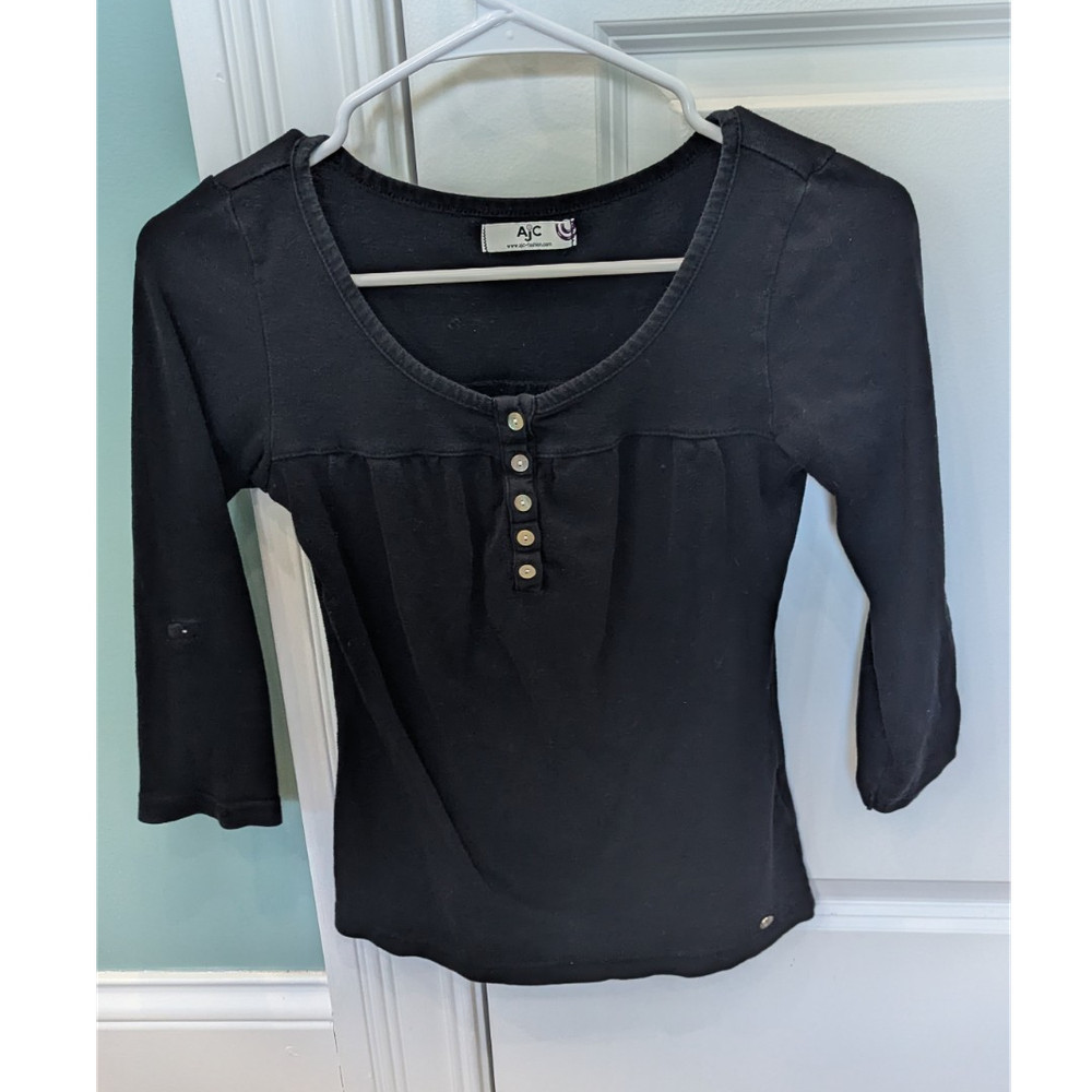 AjC Women's Black Cotton Knit 3/4 Sleeve Scoop Neck Button Blouse Size S
