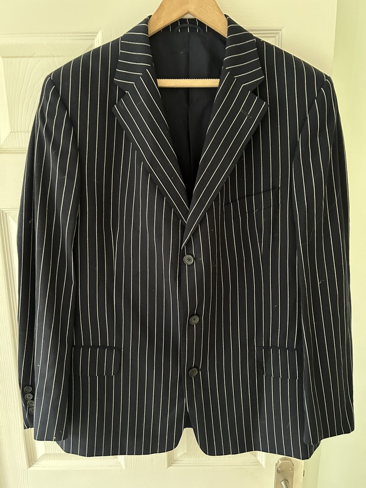 Holland Sherry Saville Row Bespoke Blue Pinstripe Suit Mens 46 Regular