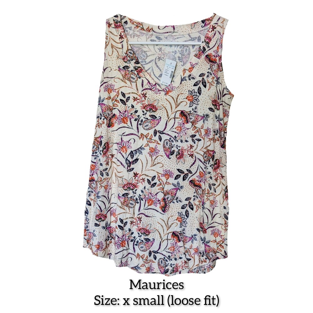 Maurices Women's Floral V-Neck Sleeveless Tank Top Beige Multicolor XS