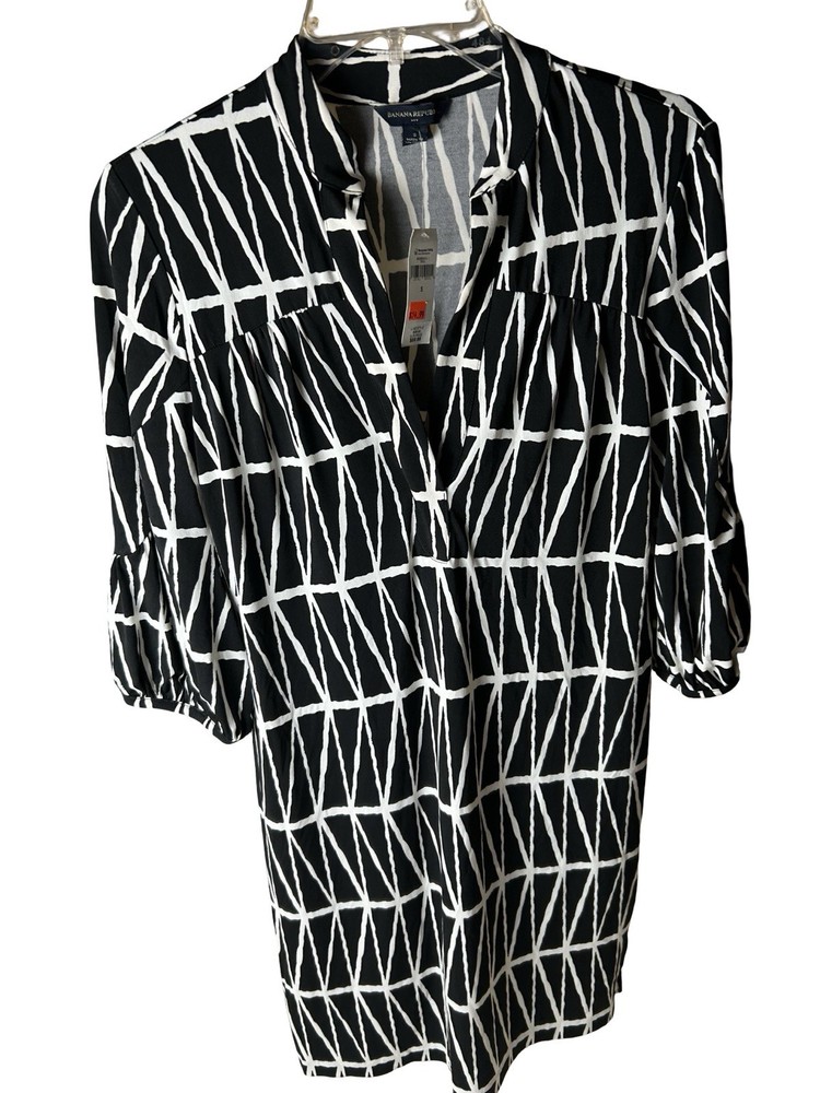 NWT Banana Republic Black White Geometric Print Tunic Dress Sz S V-neck Relaxed
