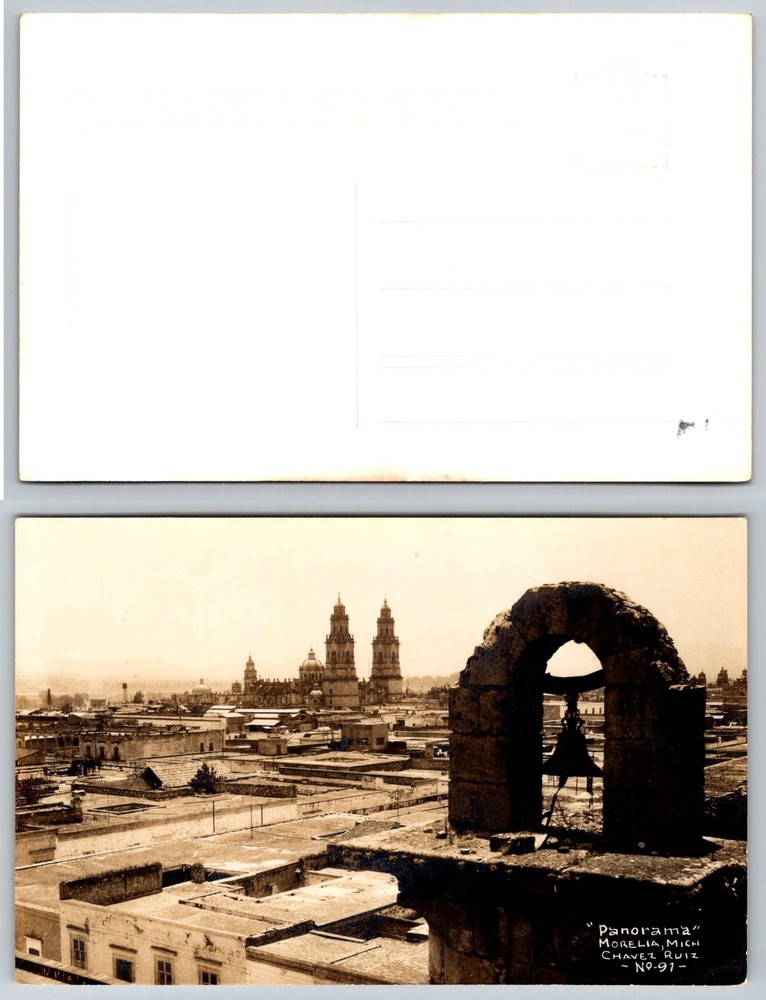 Morelia Michoacán Mexico RPPC Panorama Cathedral Bell Chavez Ruiz No. 91