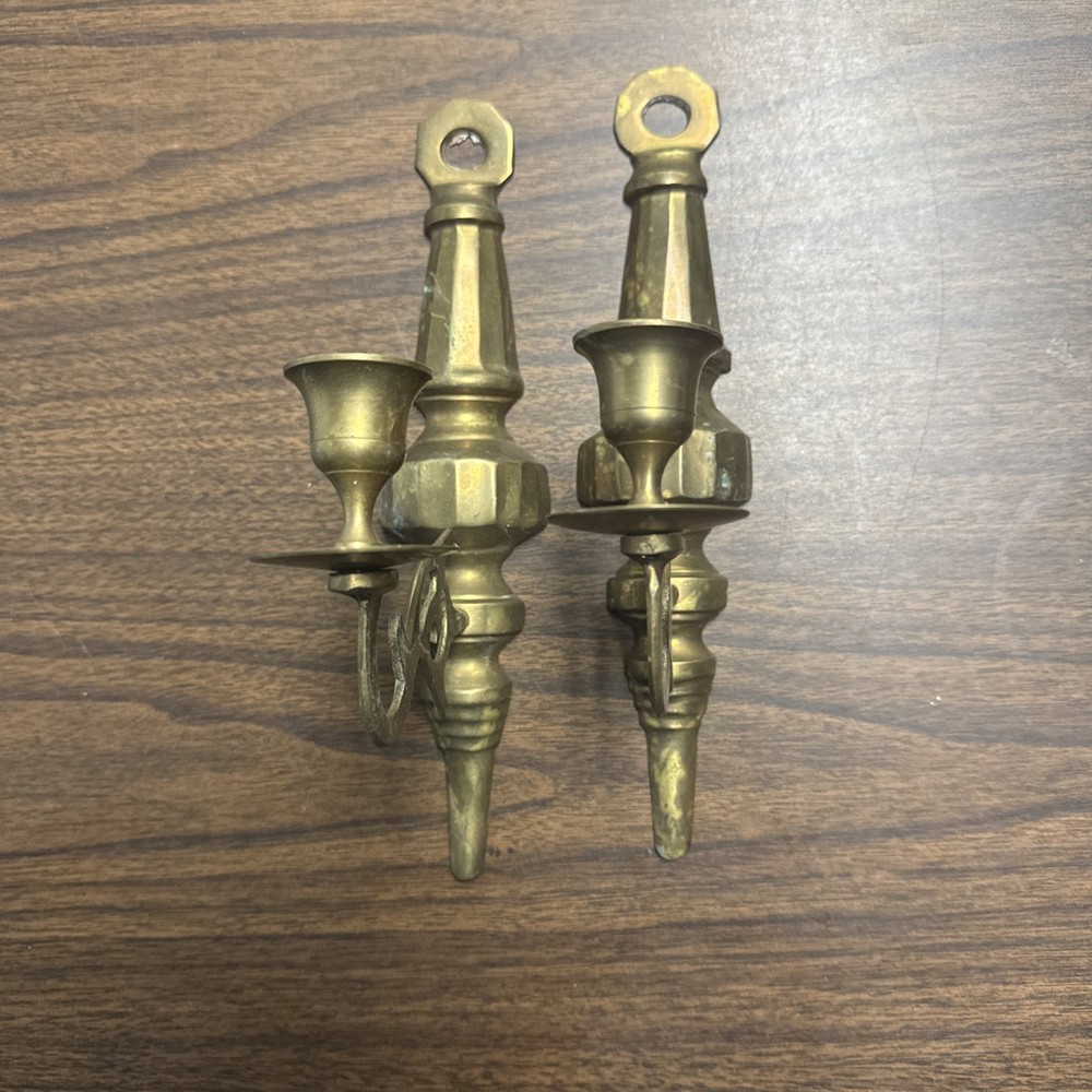 Pair Vintage Brass Wall Sconces Candle Holders Ornate Minimilist India