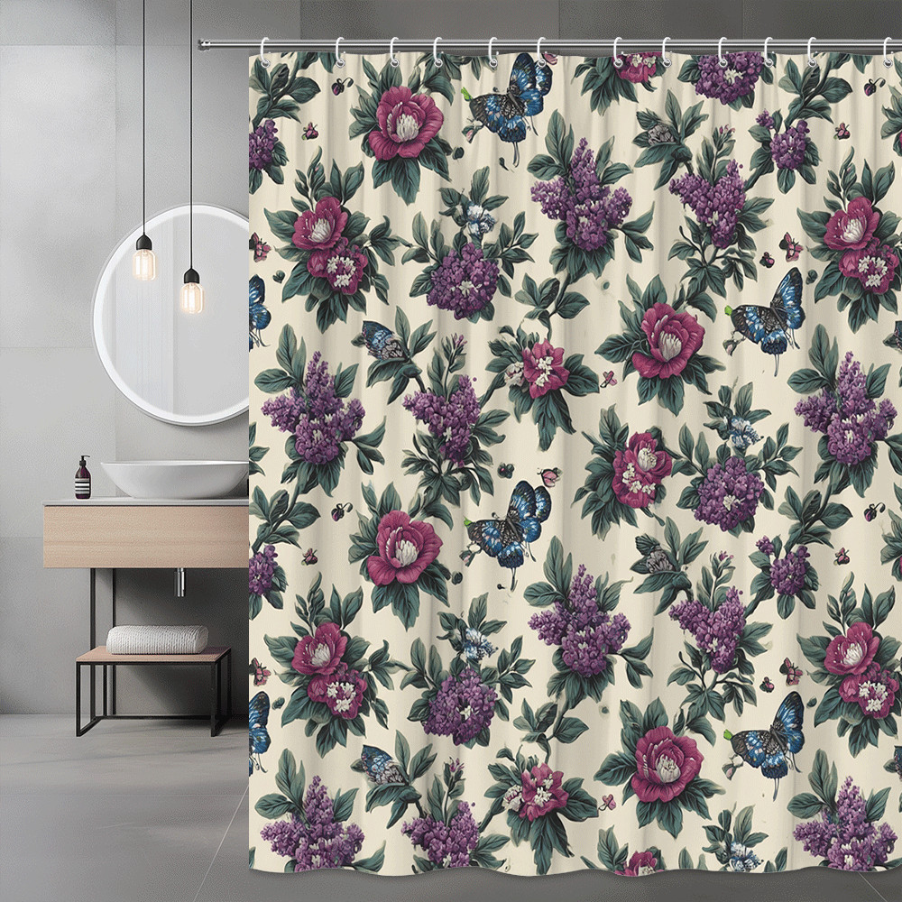 Floral Butterfly Shower Curtain Purple Pink Botanical Print