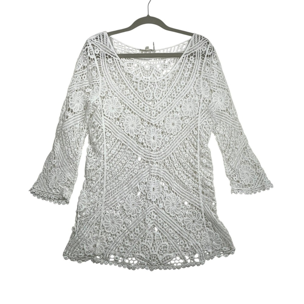 Capri White Floral Crochet Lace Tunic Top 3/4 Sleeve L/XL Boho Beach Cover Up