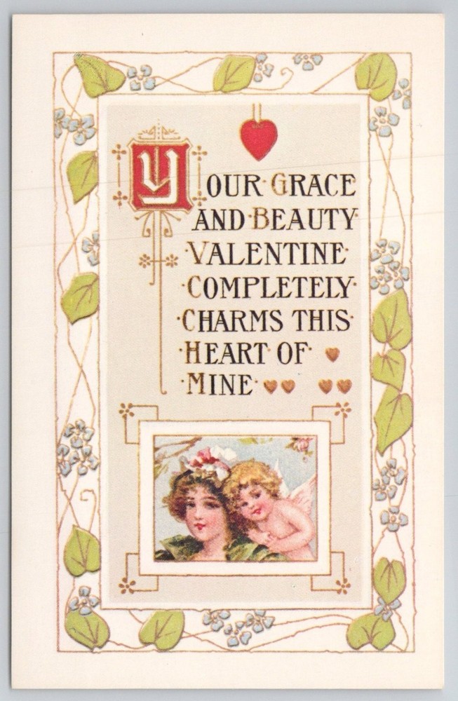 Vintage Valentine Postcard Woman Cherub Cupid Reprint Floral Love Poem