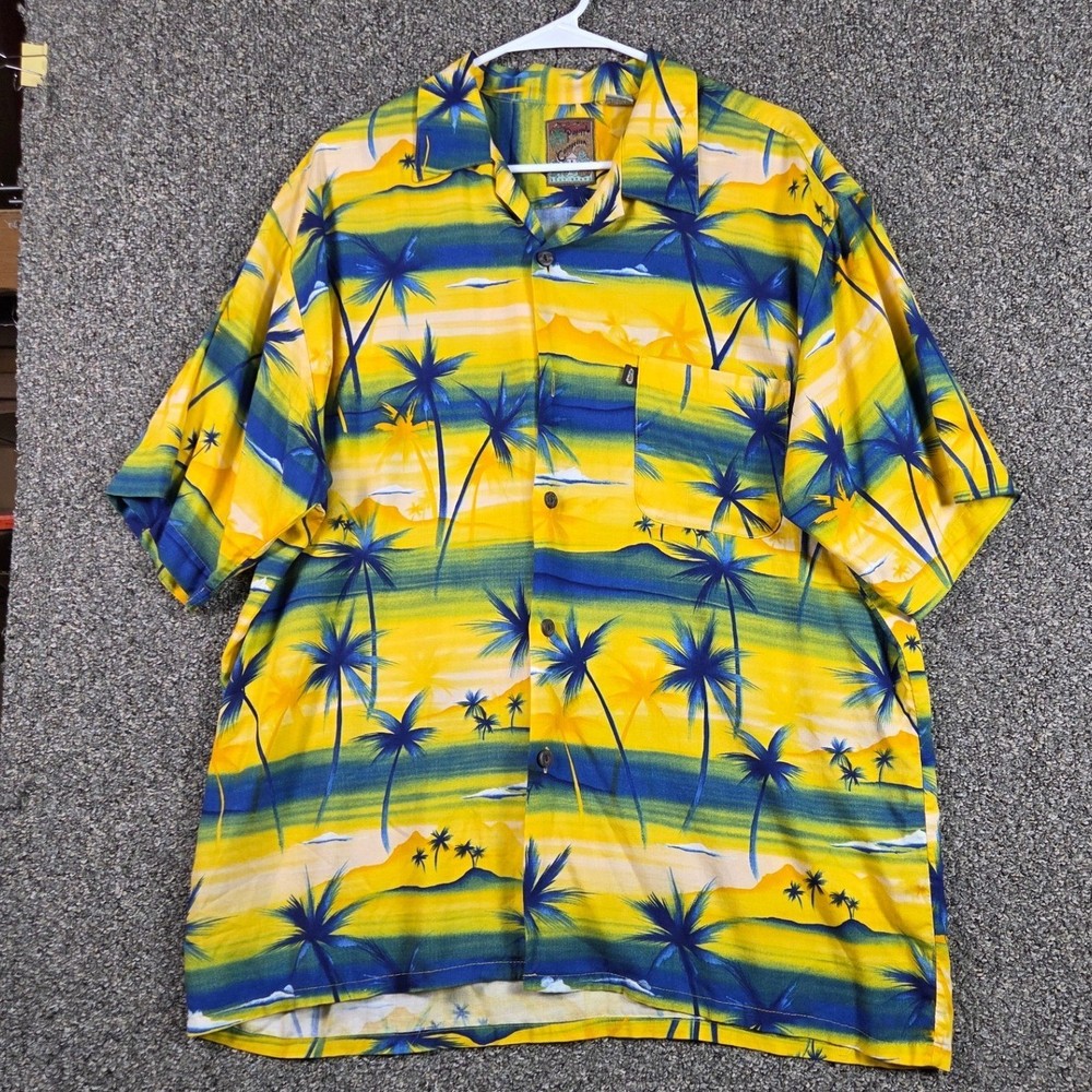 Pineapple Connection Hawaiian Shirt Mens L Yellow Blue Palm Tree Rayon Aloha