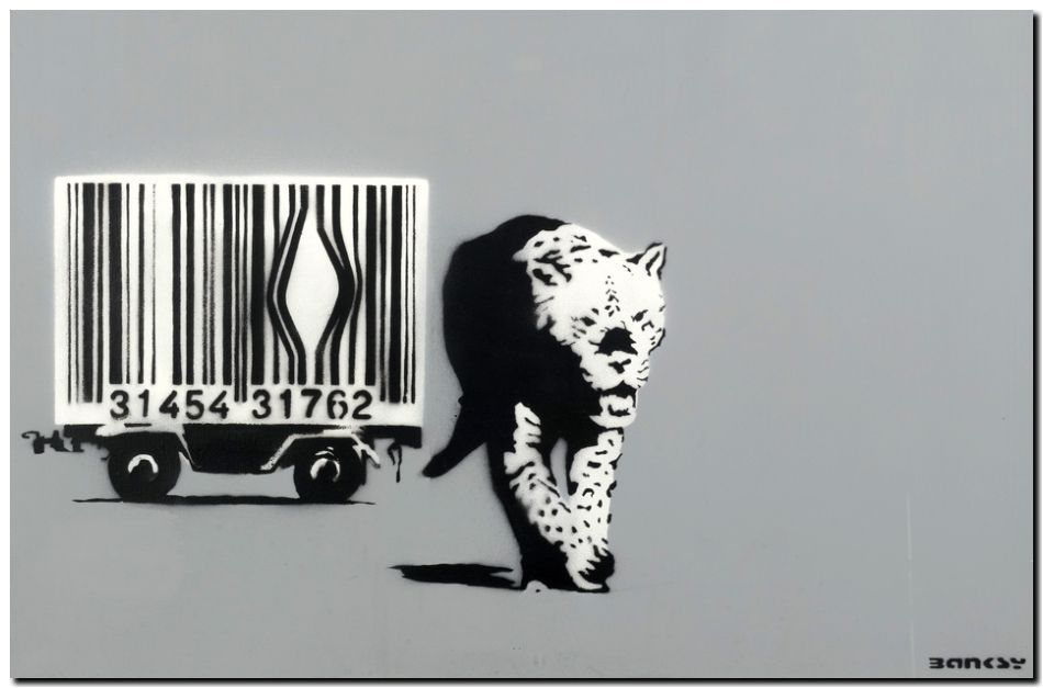 BANKSY STREET ART *FRAMED* CANVAS PRINT Barcode leopard gray 16