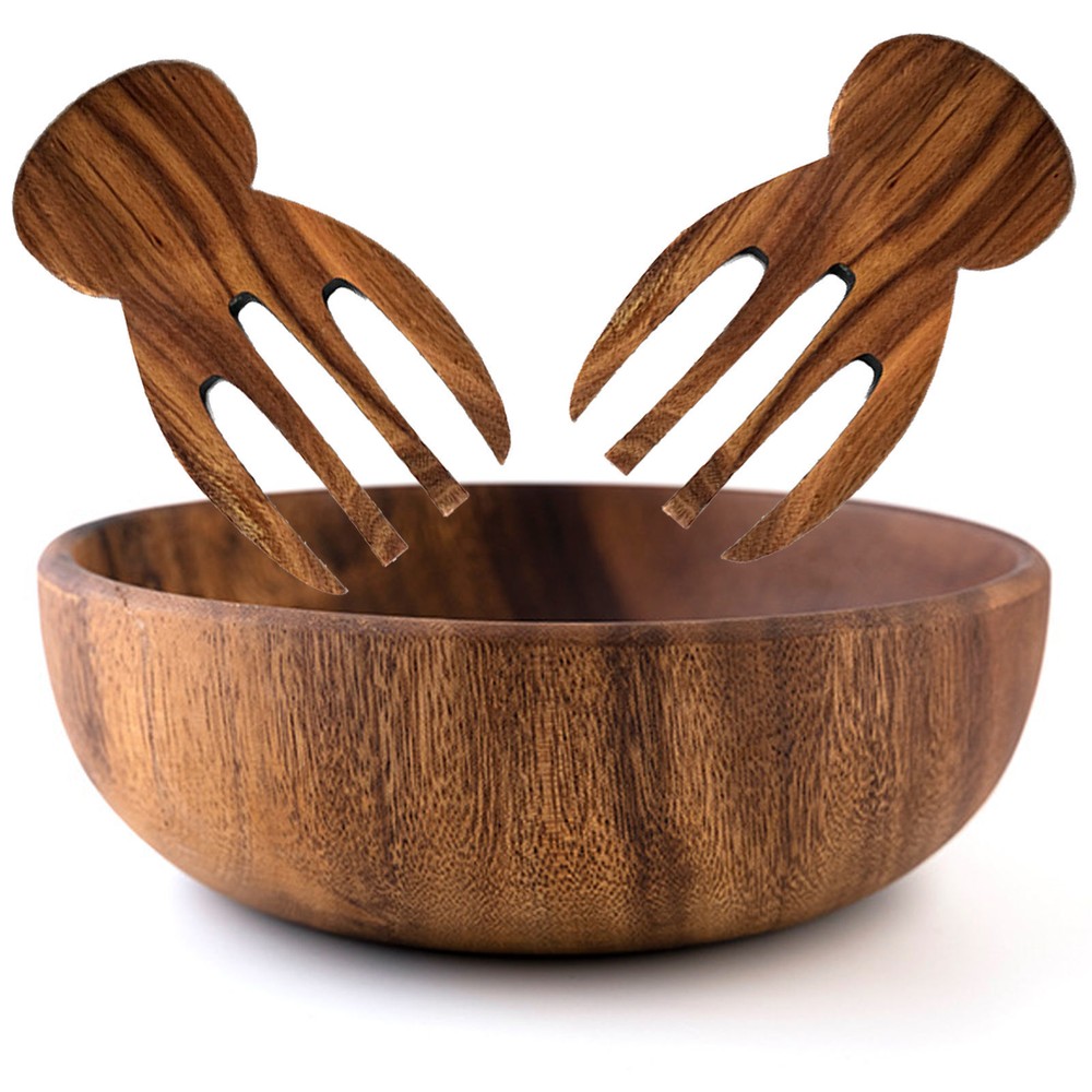 Acacia Wood Salad Bowl with Servers Set Wooded Serving Bowl Kitchen Decor-image