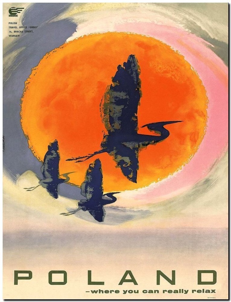 Cool Retro Travel Poster *FRAMED* CANVAS ART Poland Birds Sunset 16