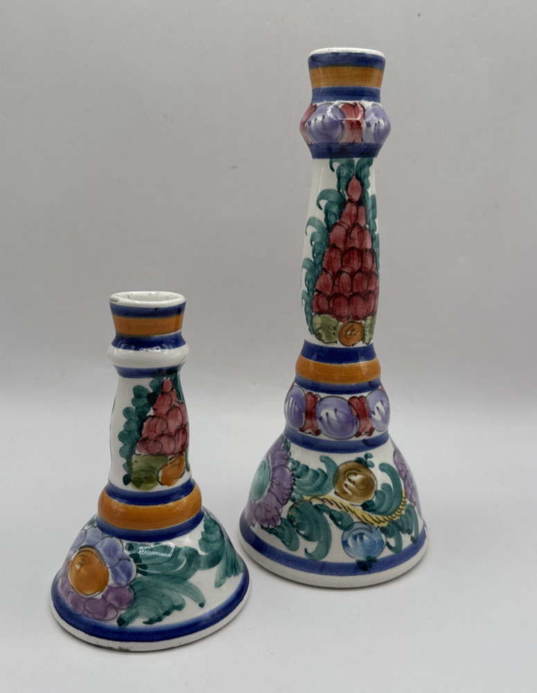 Greek Pottery Hand Painted Candlesticks Set Of 2 Signed