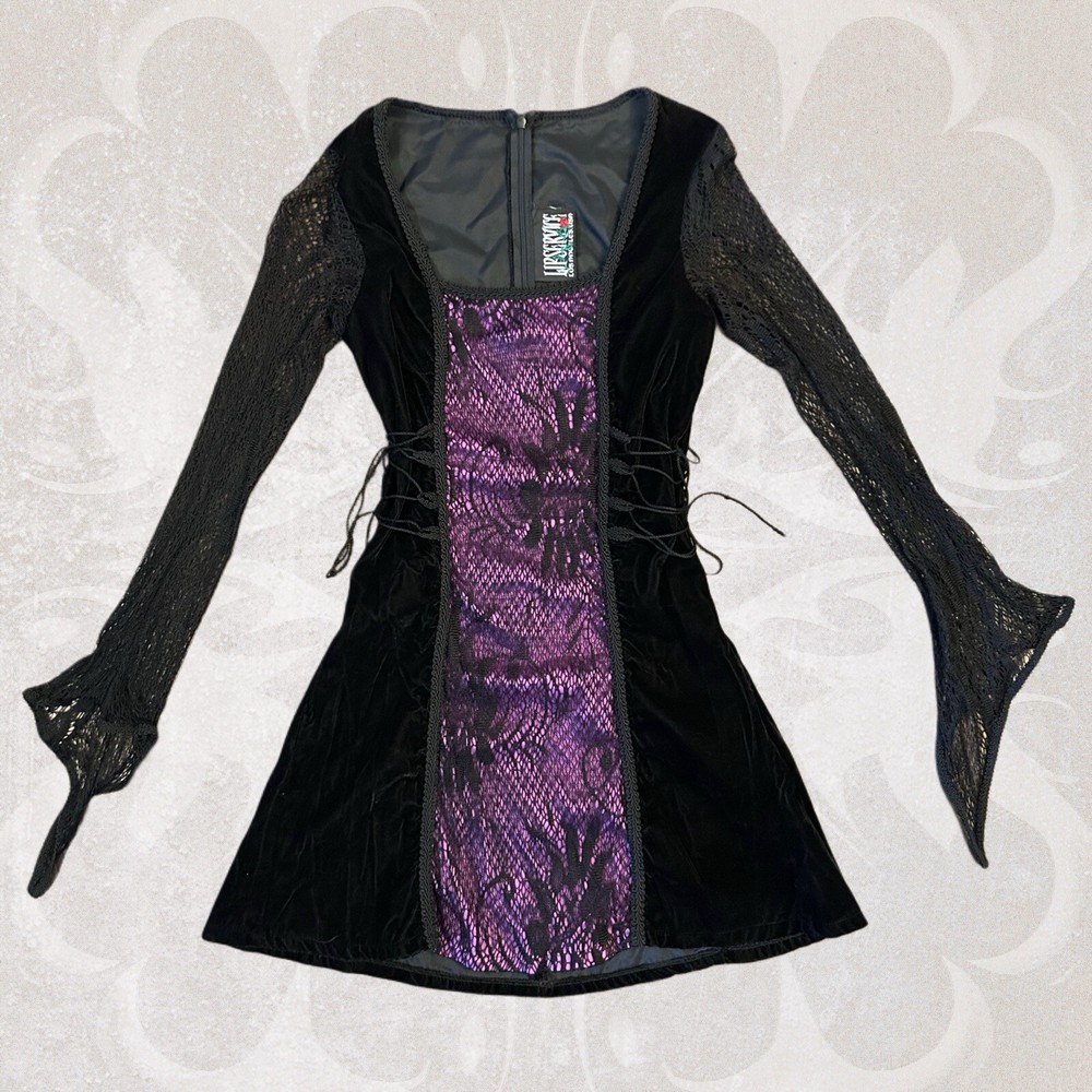 VTG. 00s Gothic Black and Purple Lace Lip Service Mini Dress Size S