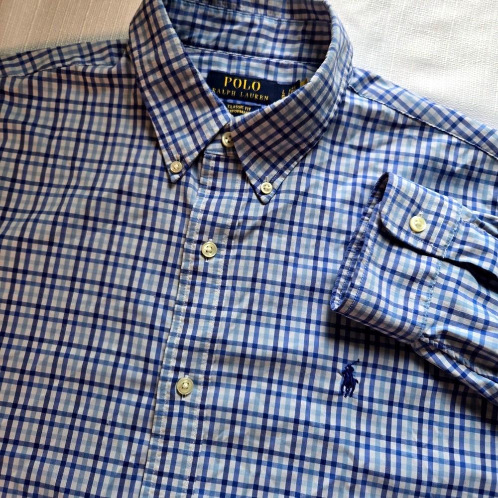 Polo Ralph Lauren Performance Shirt Mens Large Blue Gingham Classic Fit Stretch