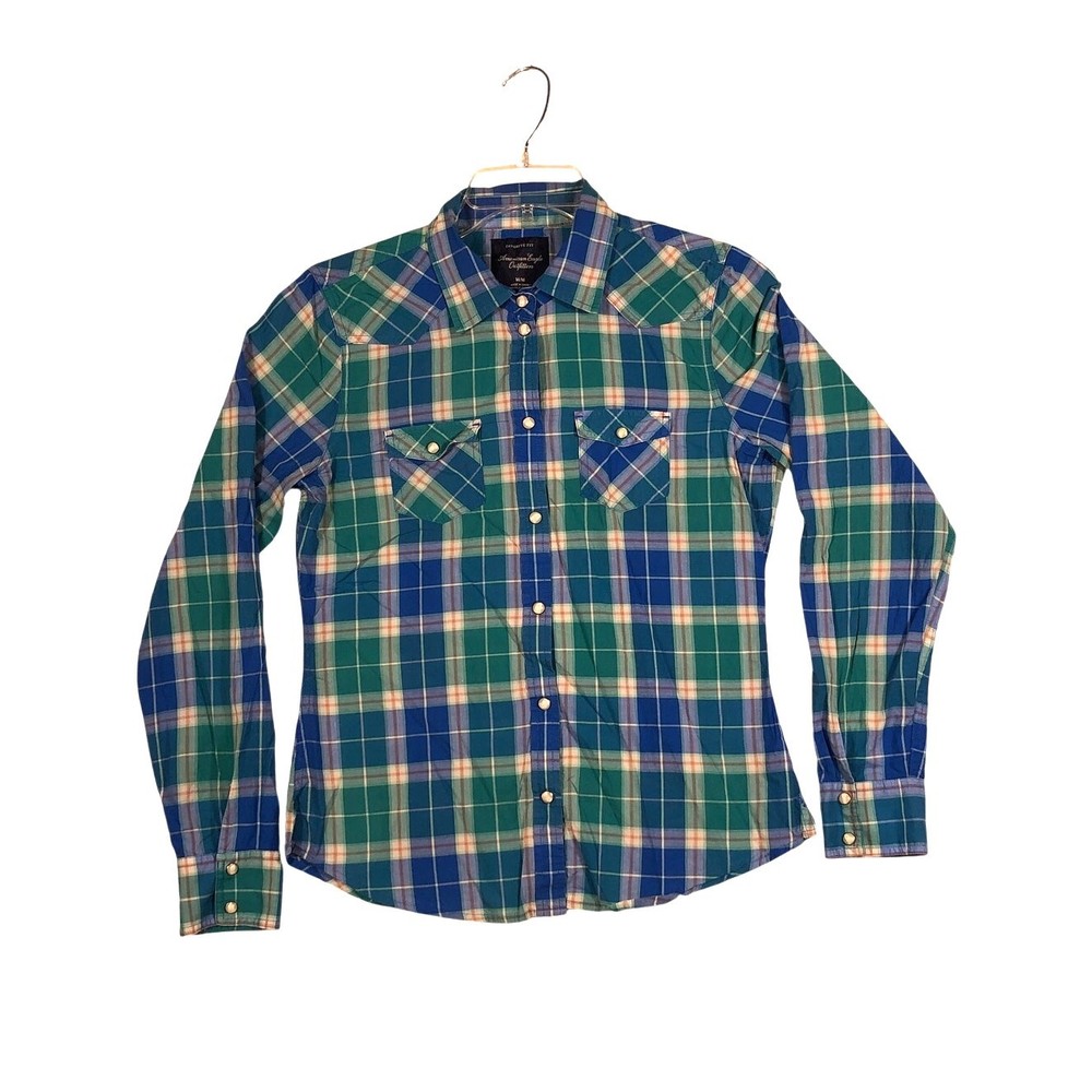 American Eagle Shirt Womens Medium Plaid Pearl Snap Favorite Fit Western Pockets