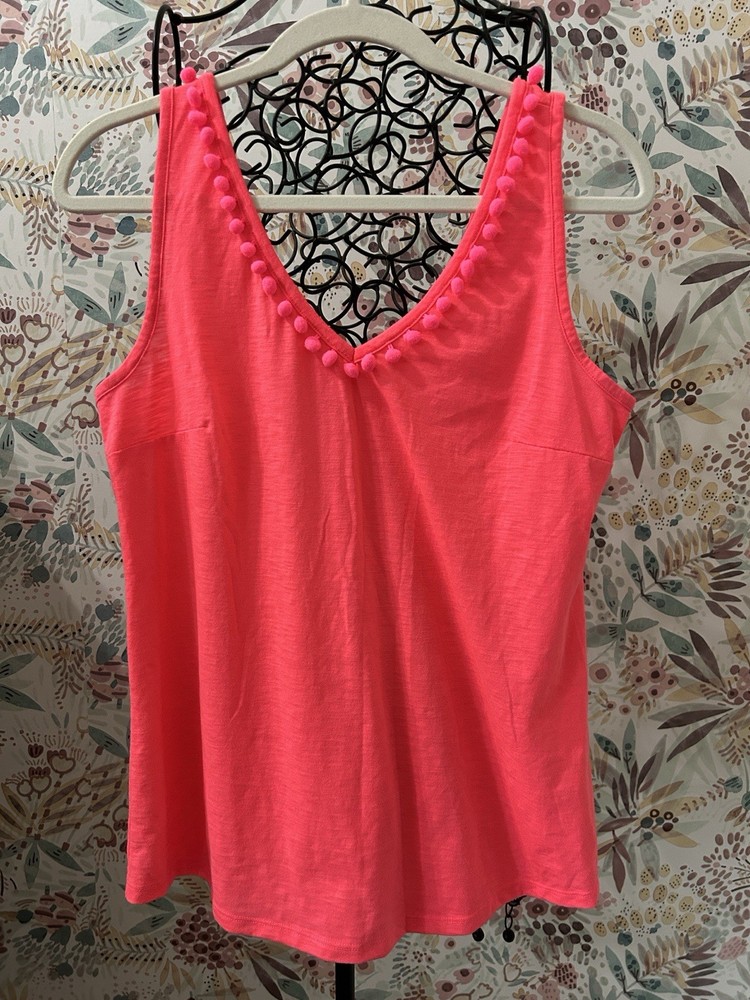Lilly Pulitzer Gigi Pom-Pom Neon Pink Solid Tank Top Sleeveless Size Medium