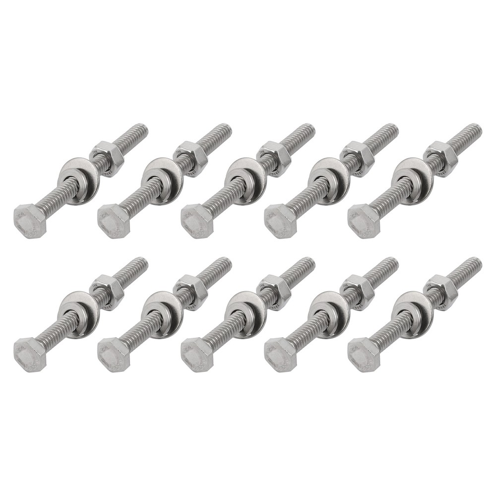 10-Pack 1/4-20 x 3-Inch Hex Head Fully Threaded Screws with Flat and Lock Washers - Durable Steel Construction for Secure Fastening