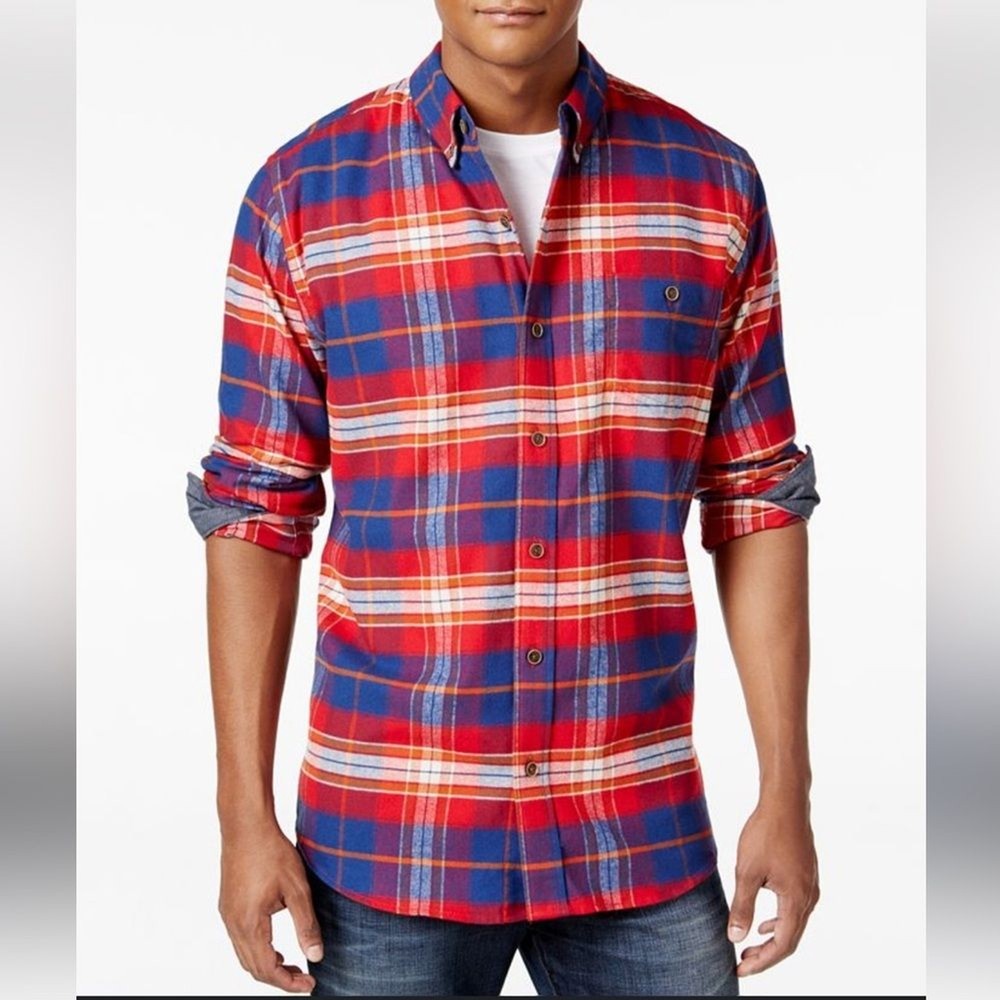Weatherproof Vintage Mens Red Blue Plaid Flannel Button Down Shirt Medium Cotton