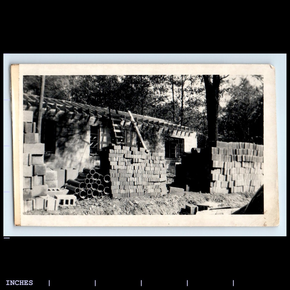 Old Vintage Photo CONSTRUCTION MATERIAL BRICKS PIPES CINDERBLOCKS