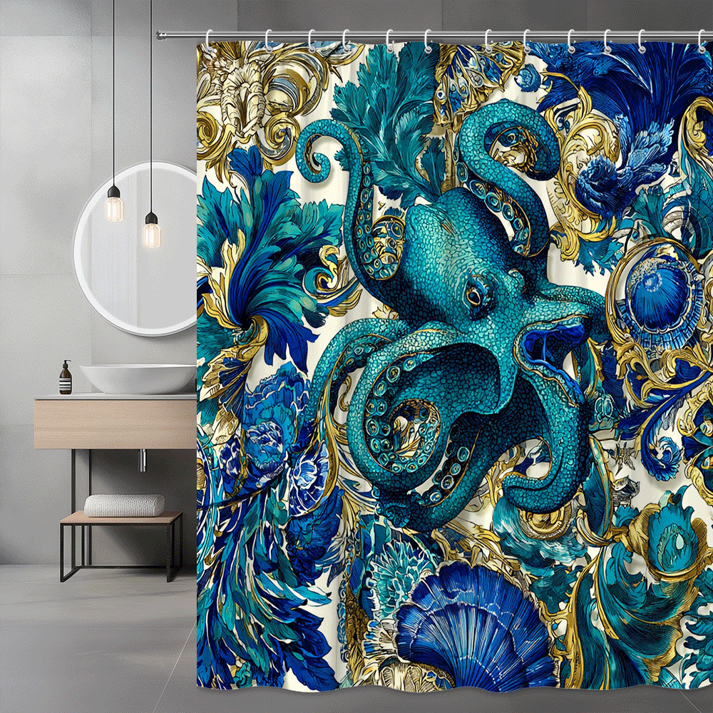 Octopus Floral Shower Curtain Blue Gold Ocean Print
