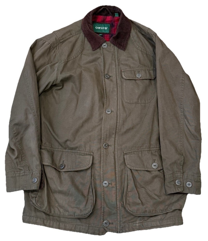 Vintage Orvis Mens Size Small Faded Flannel Lined Chore Barn Jacket Green Cotton