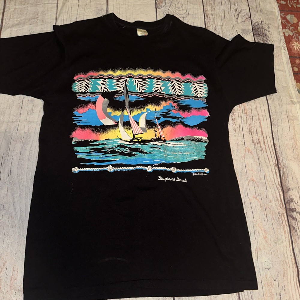 Vintage 90s Daytona Beach T Shirt Mens XL Black Sailboat Regatta Graphic  90s