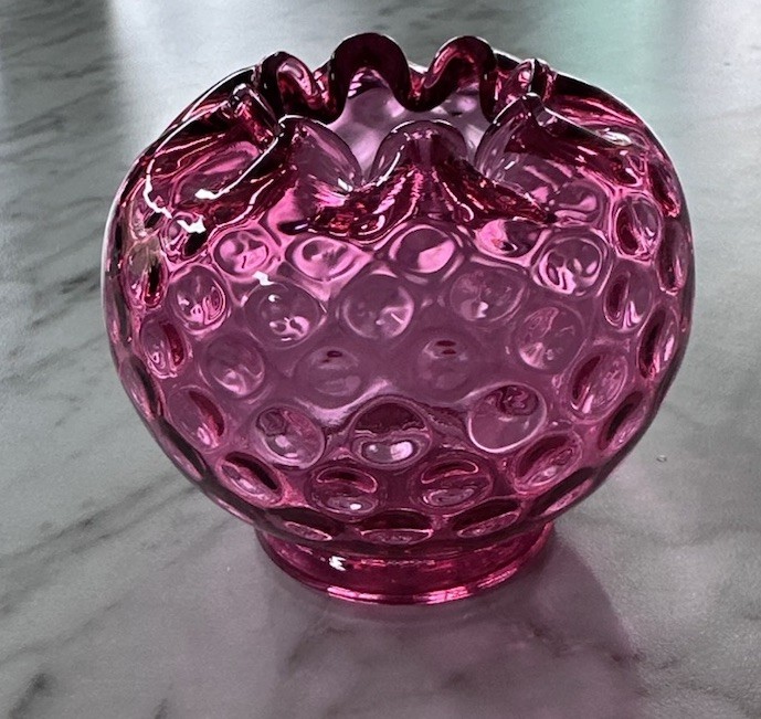 Vintage Fenton Cranberry Rose Bowl Vase Inverted Reverse Coin Dot Art Glass