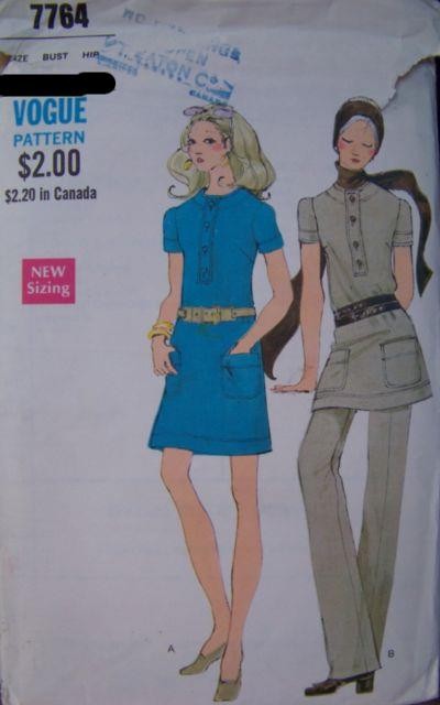 Vintage MoD 60s VOGUE 7764 Womens 12 Mini Dress Tunic Top Pants Pantsuit Pattern