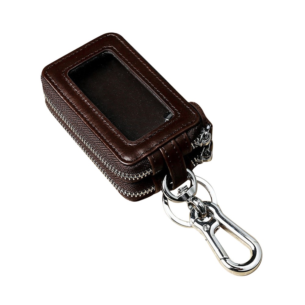 Genuine Leather Car Key Holder with Dual Zipper Pouch for Keys & Cards  