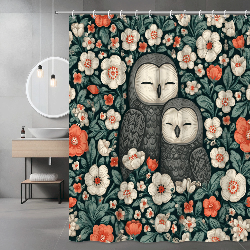 Owl Floral Shower Curtain Dark Green Orange White Print