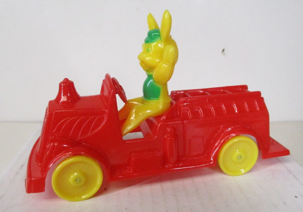 Vintage Rosbro Rosen Rabbit on Firetruck Easter Hard Plastic Candy Container