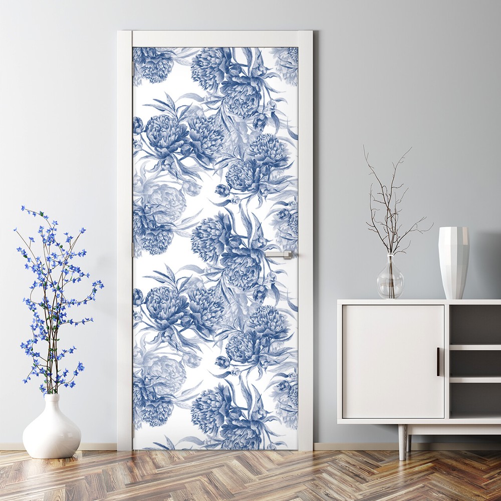 Adhesive Door sticker Blue Peonies Floral Wall Covering Watercolour Home Decor