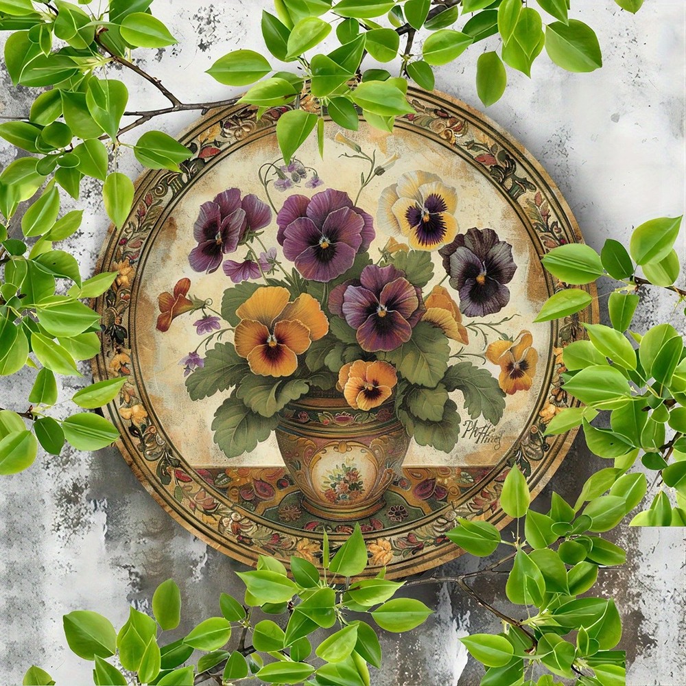 Vintage Pansy Floral Design Round Aluminum Sign Waterproof