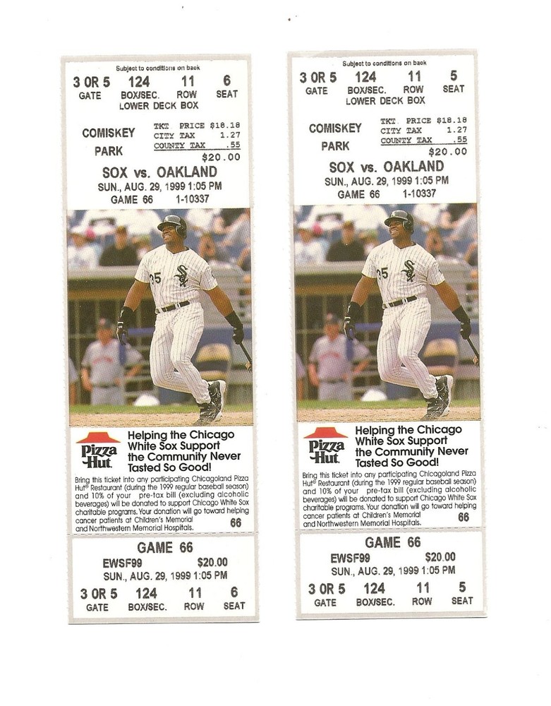 Chicago White Sox vs Oakland A's unused Baseball Tickets from 8/29/1999
