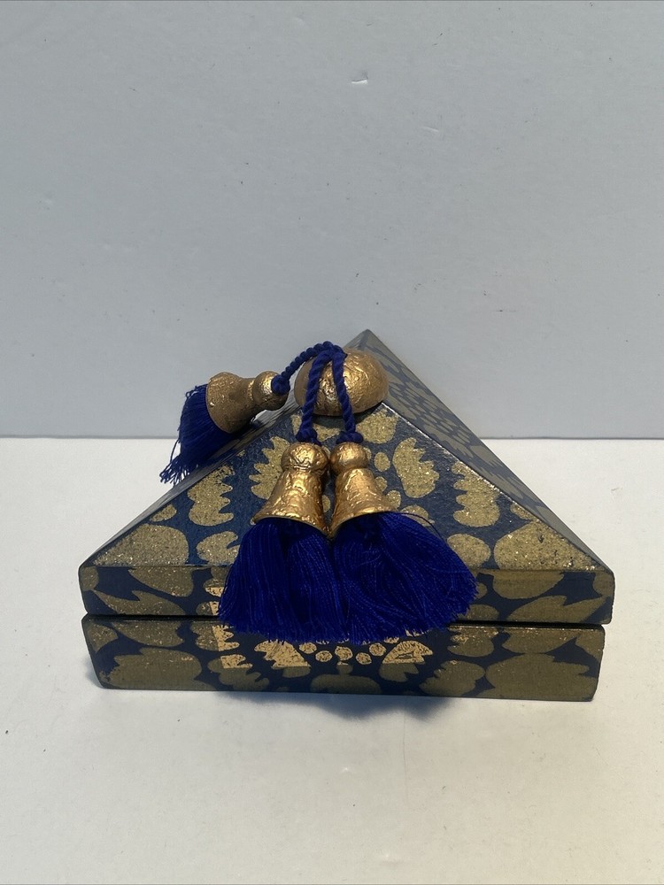 Thai Teak Wood Triangle Jewelry Box with Hand Carved Design  