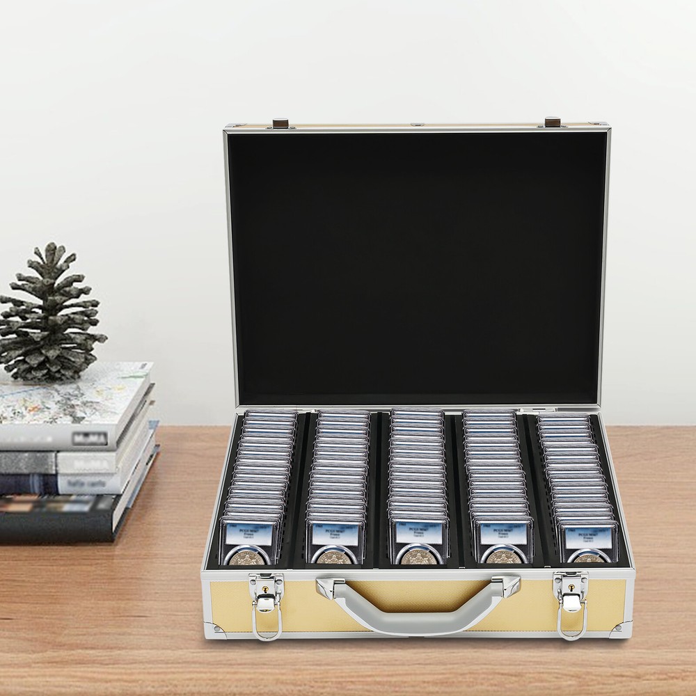 100x Coin Storage & Display Aluminum Frame Box Case for Coin Collectors Gold