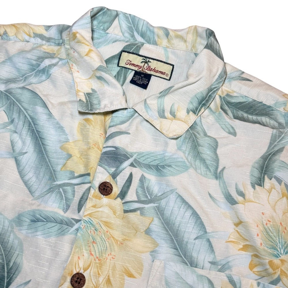 Tommy Bahama Mens Medium Silk Camp Shirt Tropical Floral Palm Leaf Short Sleeve