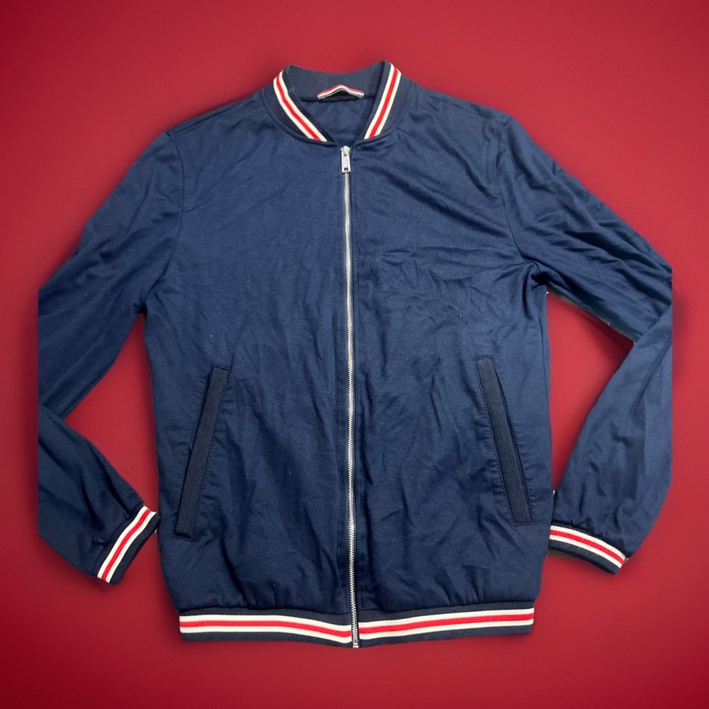 Zara Man Bomber Jacket Mens Navy Full Zip Lightweight Striped Trim Casual Medium