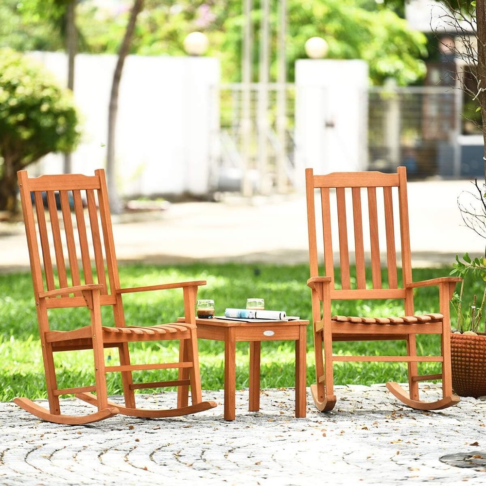 3-Piece Outdoor Wooden Rocking Chair Conversation Set with 2 Rockers and Table