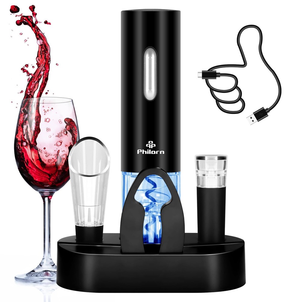 Phillorn Rechargeable Electric Wine Opener Set – 5-in-1 Automatic Corkscrew with Foil Cutter, Charging Base, and Accessories for Effortless Wine Opening and Serving.