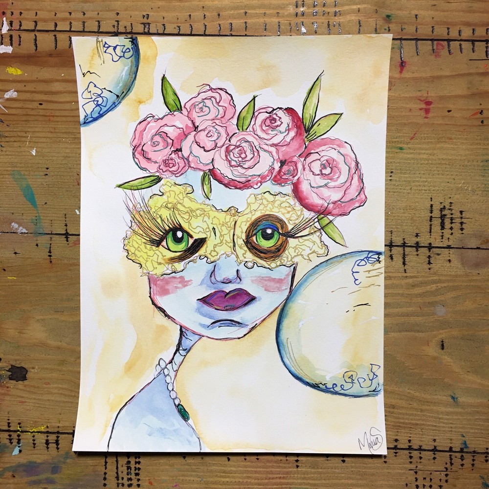 Maria Scalf Portrait Figure Abstract Street Graffiti  Modern Watercolor Art 9x12-image