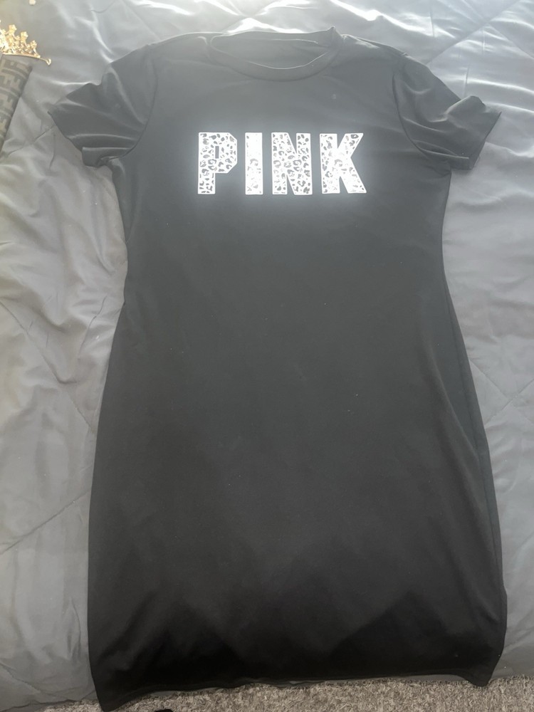 PINK Black White Graphic Print T-Shirt Dress Short Sleeve Round Neck Knee Length
